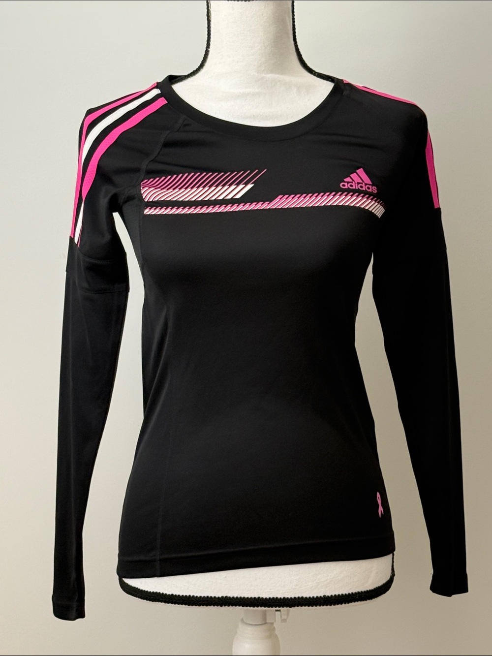 adidas Black Long Sleeve Women's Athletic Top with Pink Accents, Size XS